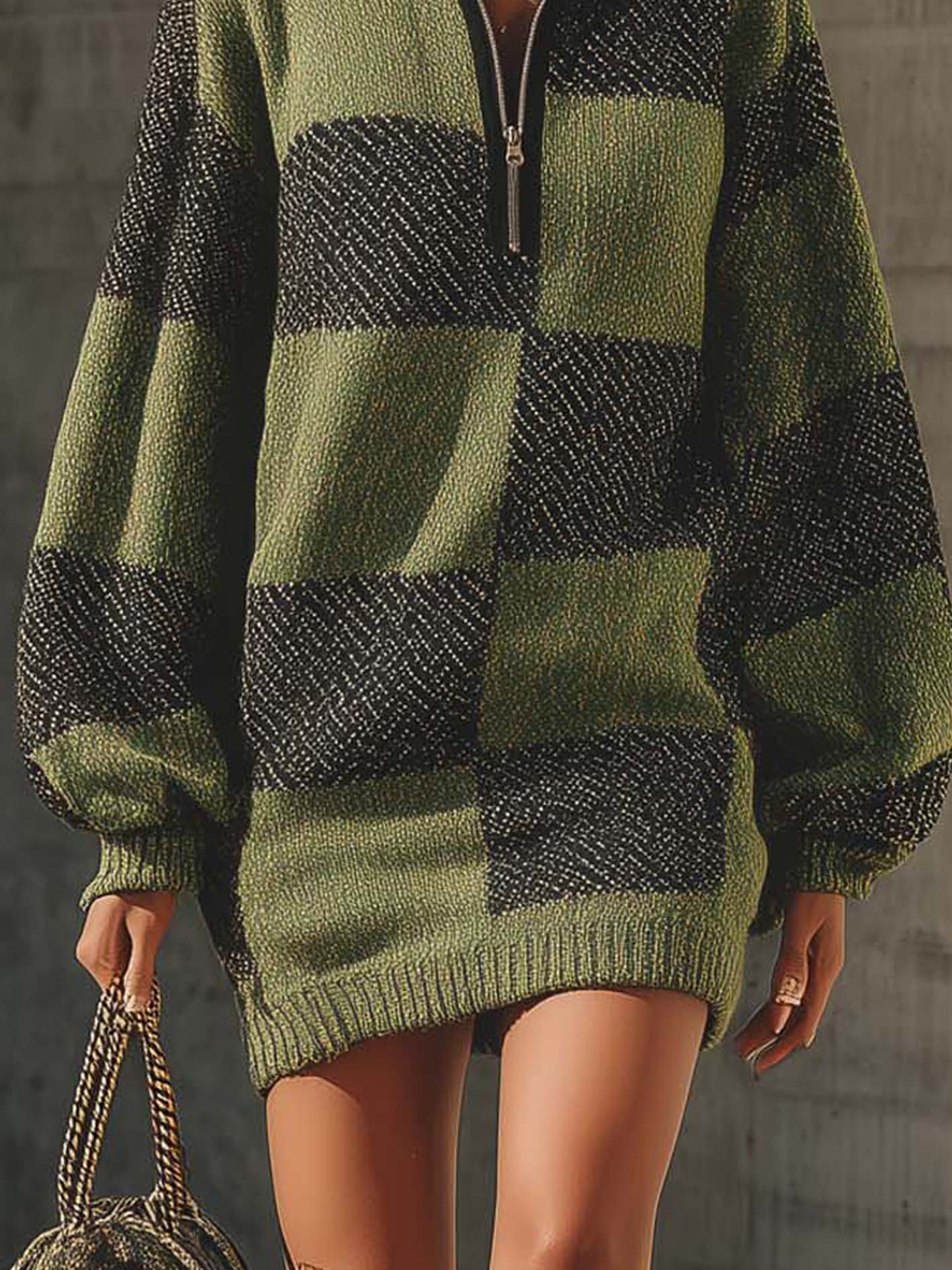 Olive Green Knit Mini Dress With Grey Checks