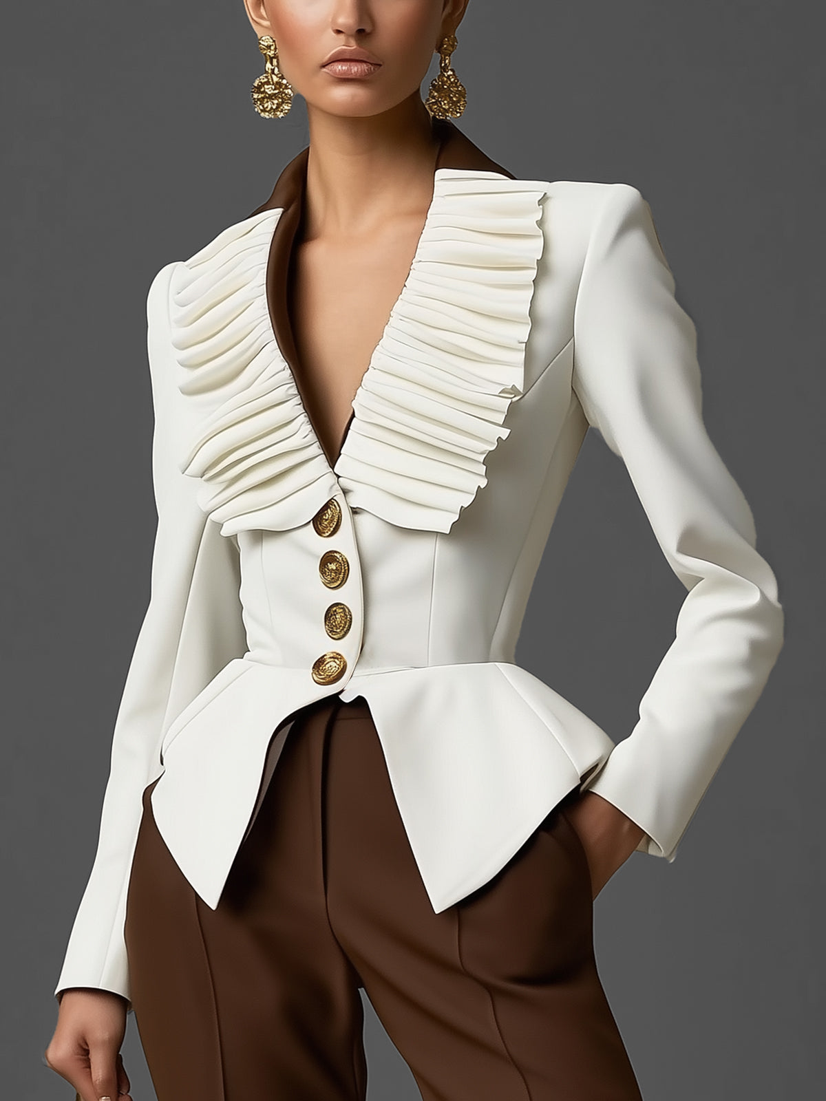 Peplum Blazer With Pleated Lapel And Gold Buttons