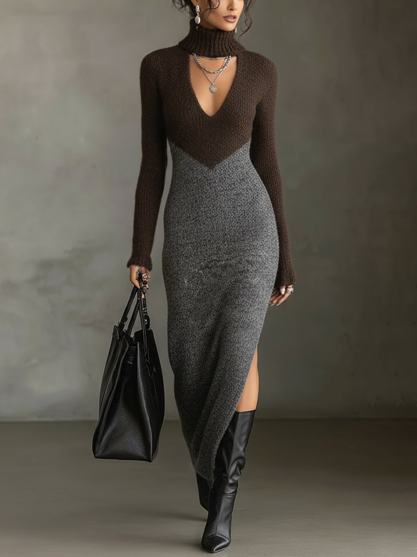 Chestnut And Gray Knit Cutout Maxi Dress
