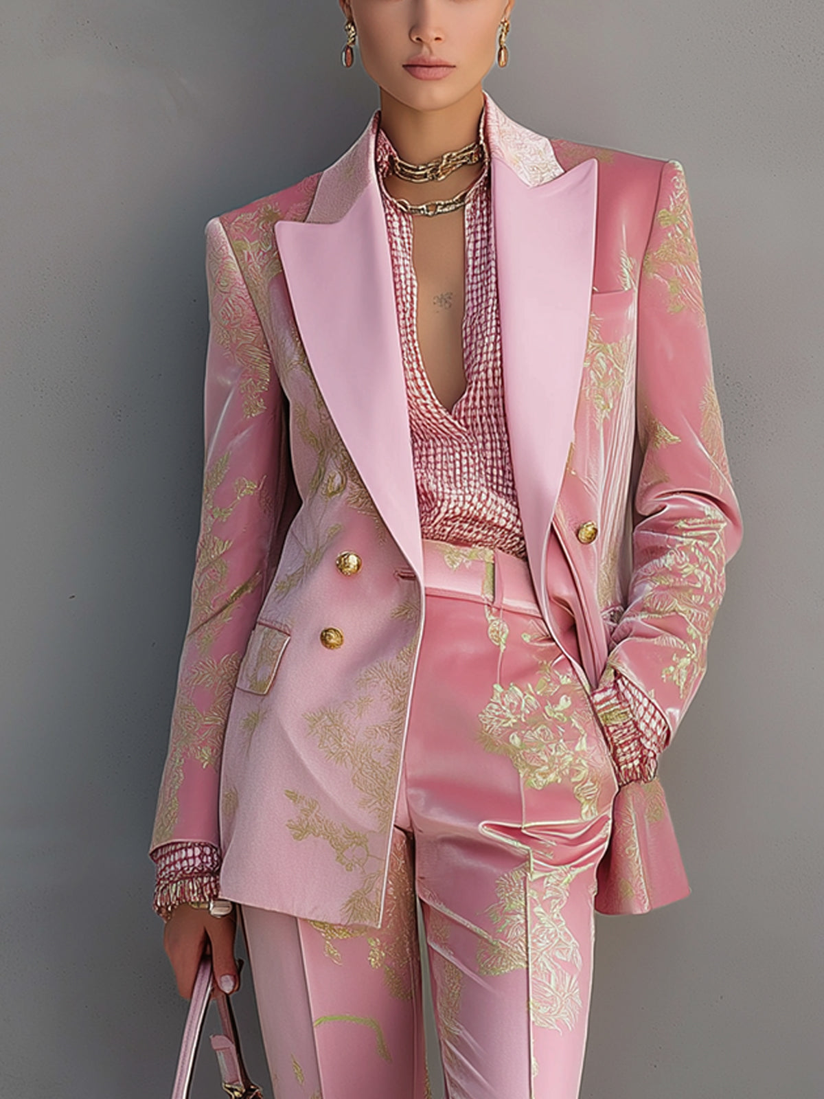 Blush Pink Velvet Print Double Breasted Blazer