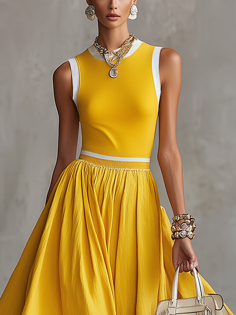 Yellow Sleeveless Contrast-Trim Maxi Dress With Flared Skirt