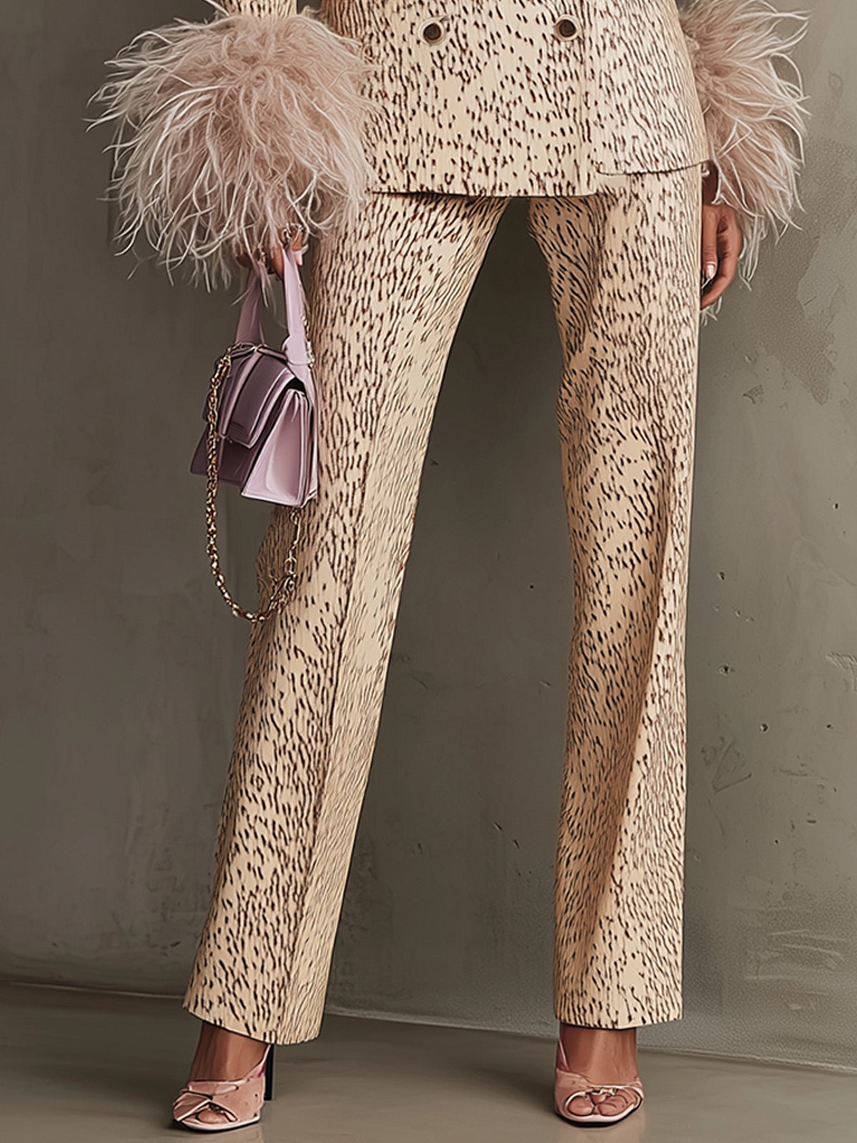 Champagne Feather Cuff Leopard Print Suit