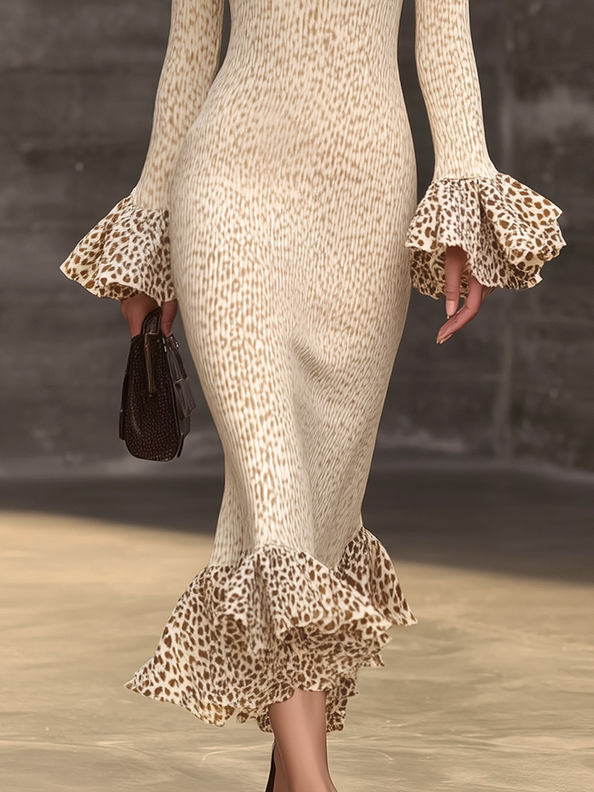 Beige Leopard Print Knit Ruffled Fitted Bodycon Dress