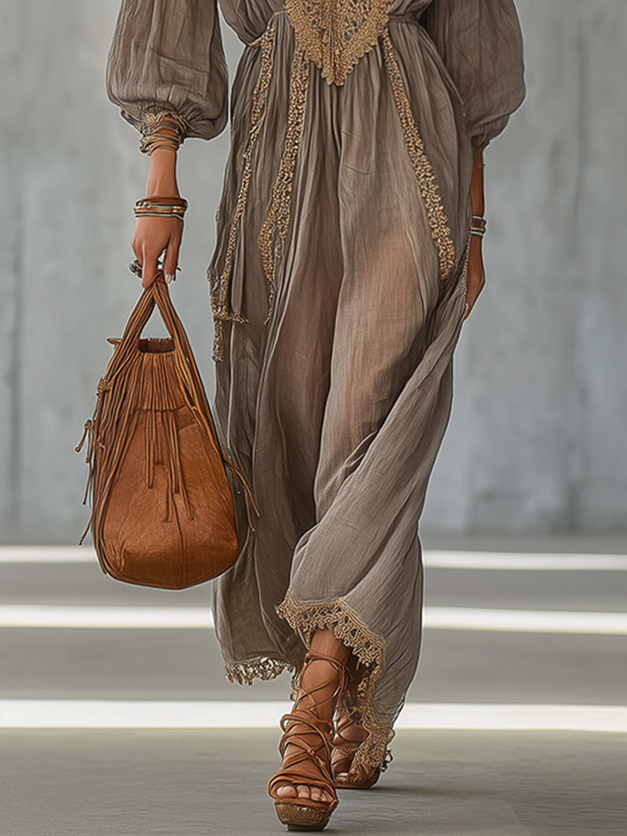 Taupe Bohemian Style Linen Blend Deep V-Neck Lace Maxi Dress