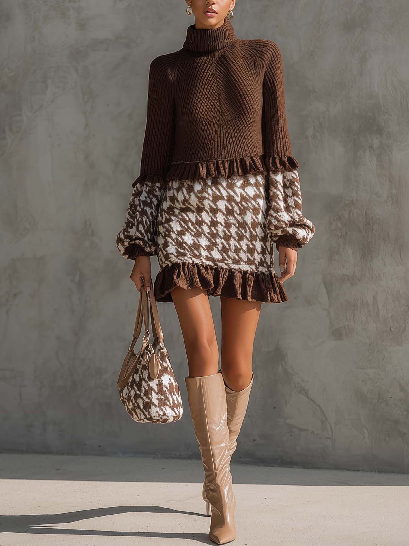 Brown Knit Mini Dress With Houndstooth Pattern And Ruffles