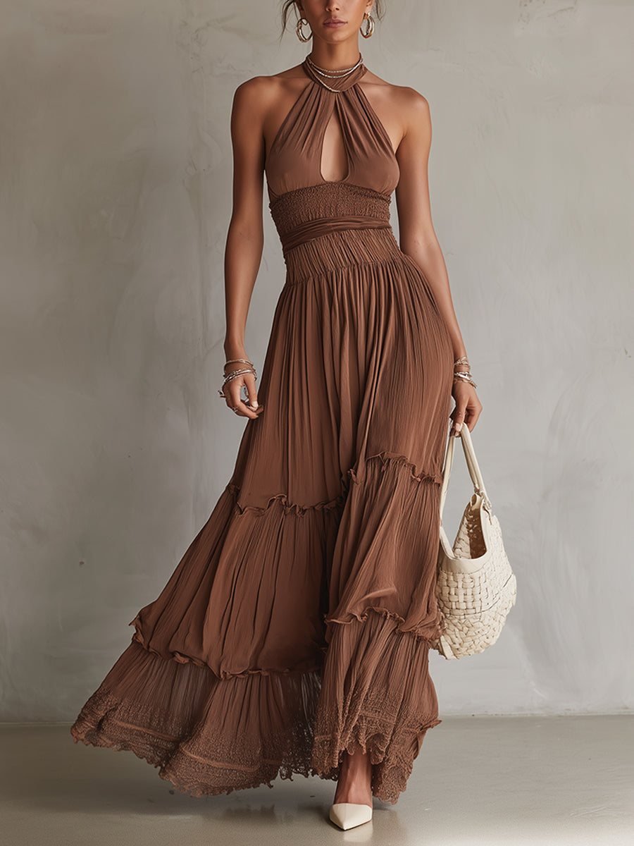 Brown Sleeveless Chiffon Lace Maxi Dress