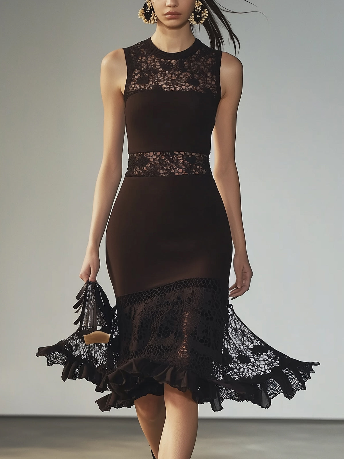 Black Lace Panel Sheer Detail Crew Neck Sleeveless Midi Dress