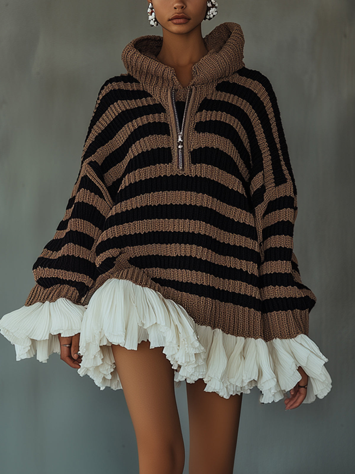 Striped Knit Ruffle Hem Hoodie Dress
