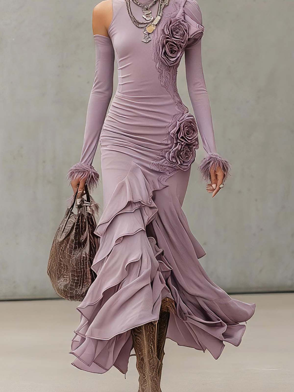 Purple Stretch Fabric Asymmetrical Layered Ruffled Maxi Dress