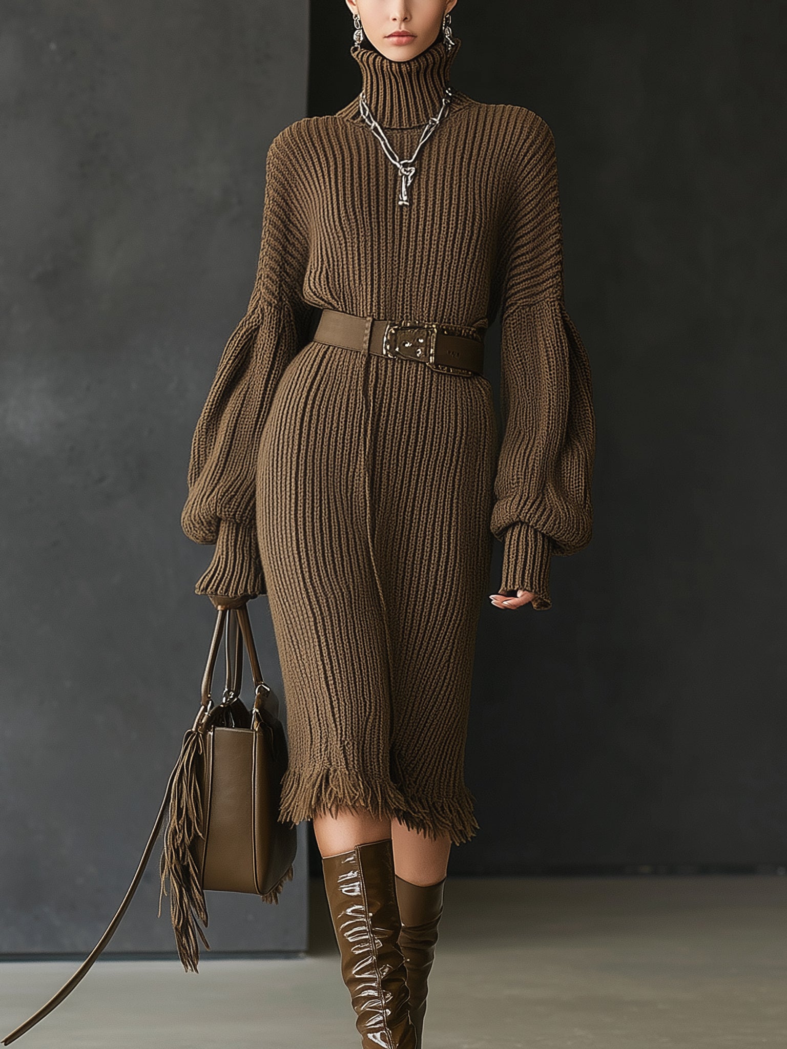 Brown Ribbed Knit Turtleneck Long Sleeve Dress With Belt