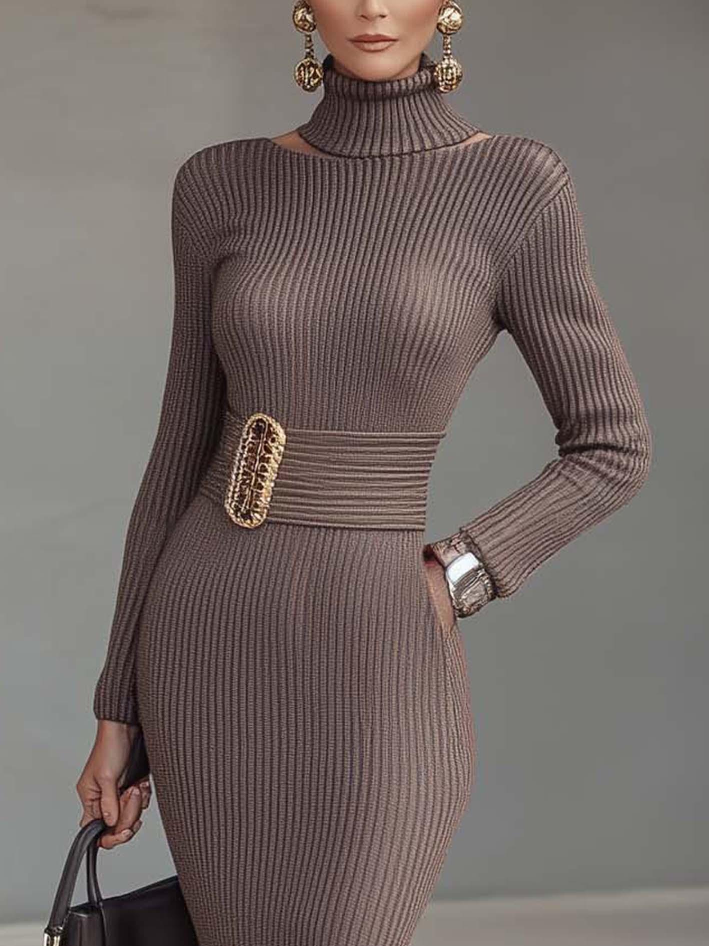Dark Brown Knitted Bodycon Dress With High Neckline And Belt