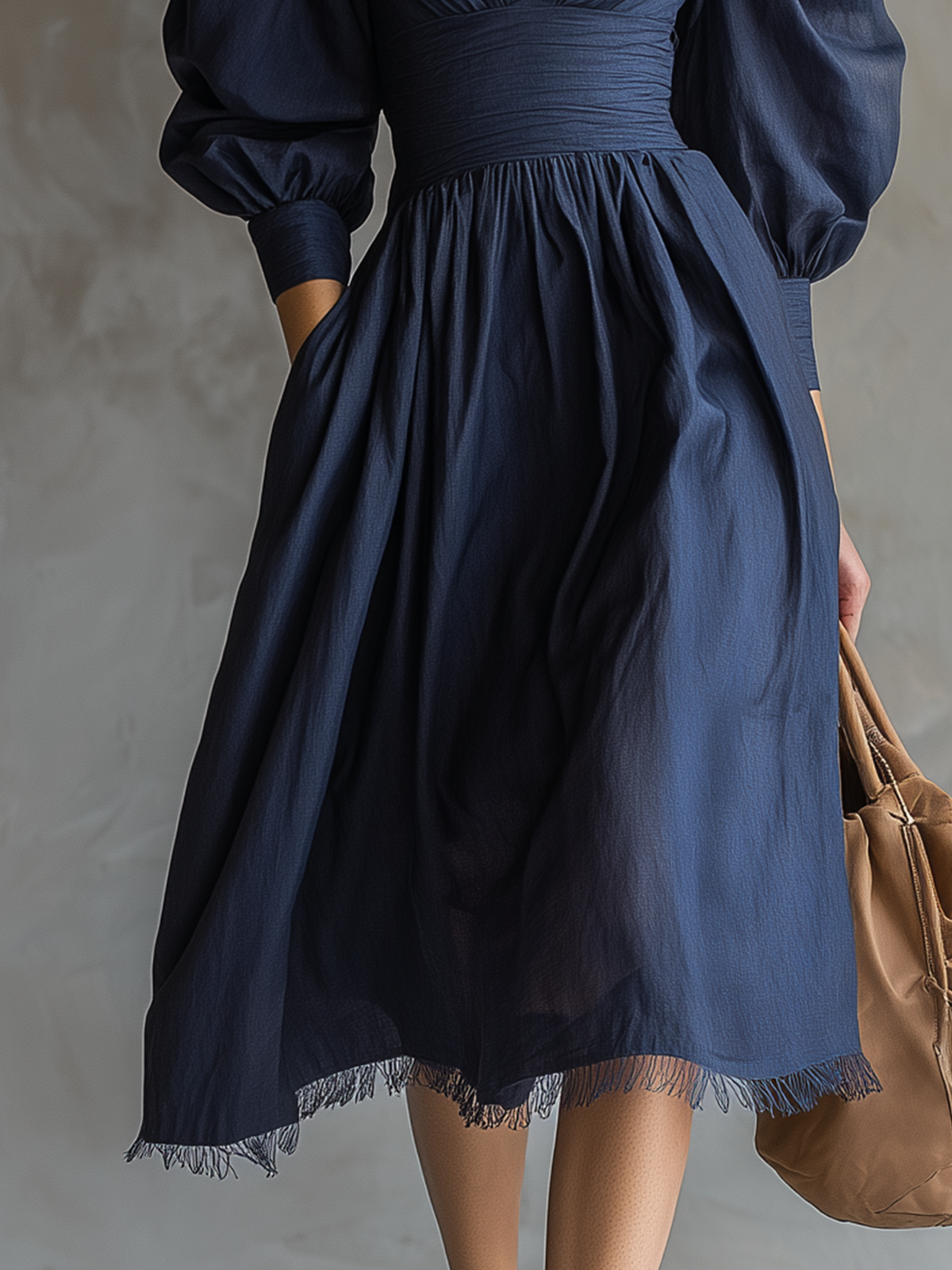 Midnight Navy Puff-Sleeve Cutout Chiffon Midi Dress