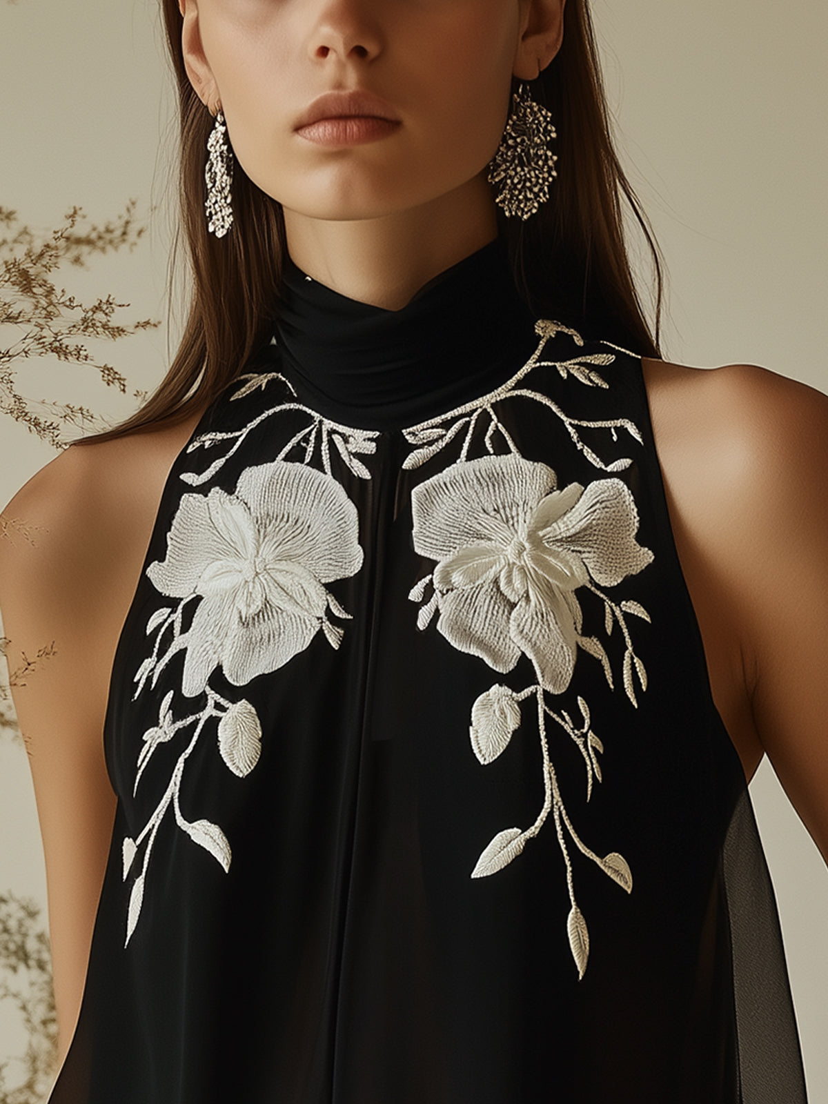 Round Neck Chiffon Shirt With Floral Embroidery