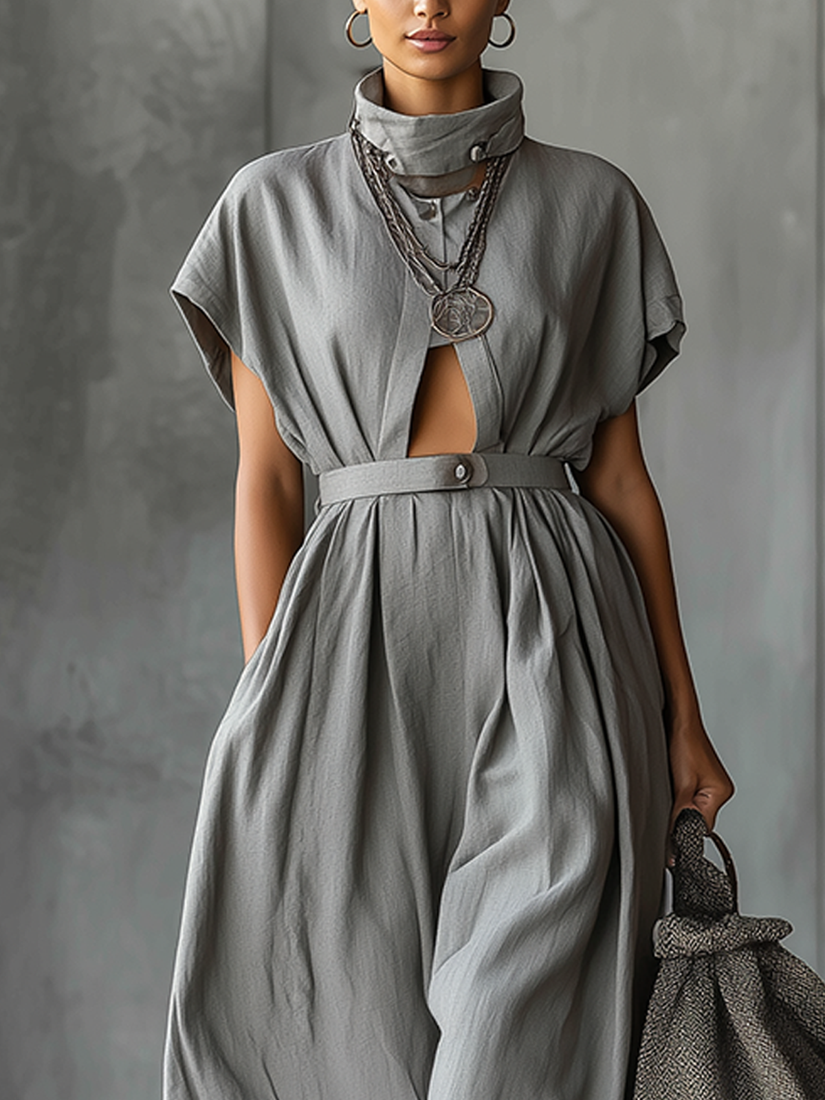 Gray High-Neck Belted Pleated Maxi Dress