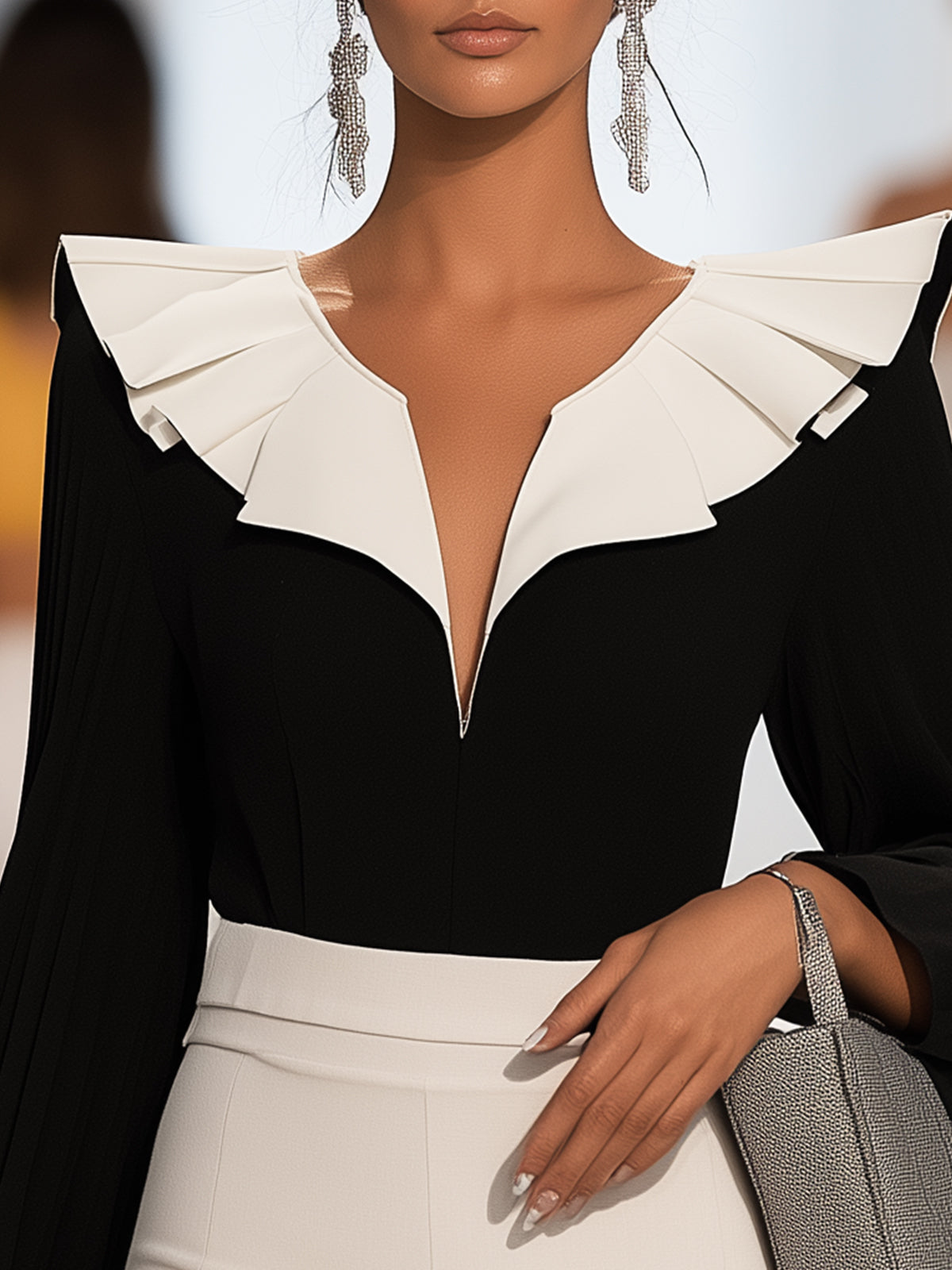 Black Blouse With White Pleated Collar And Bell Sleeves