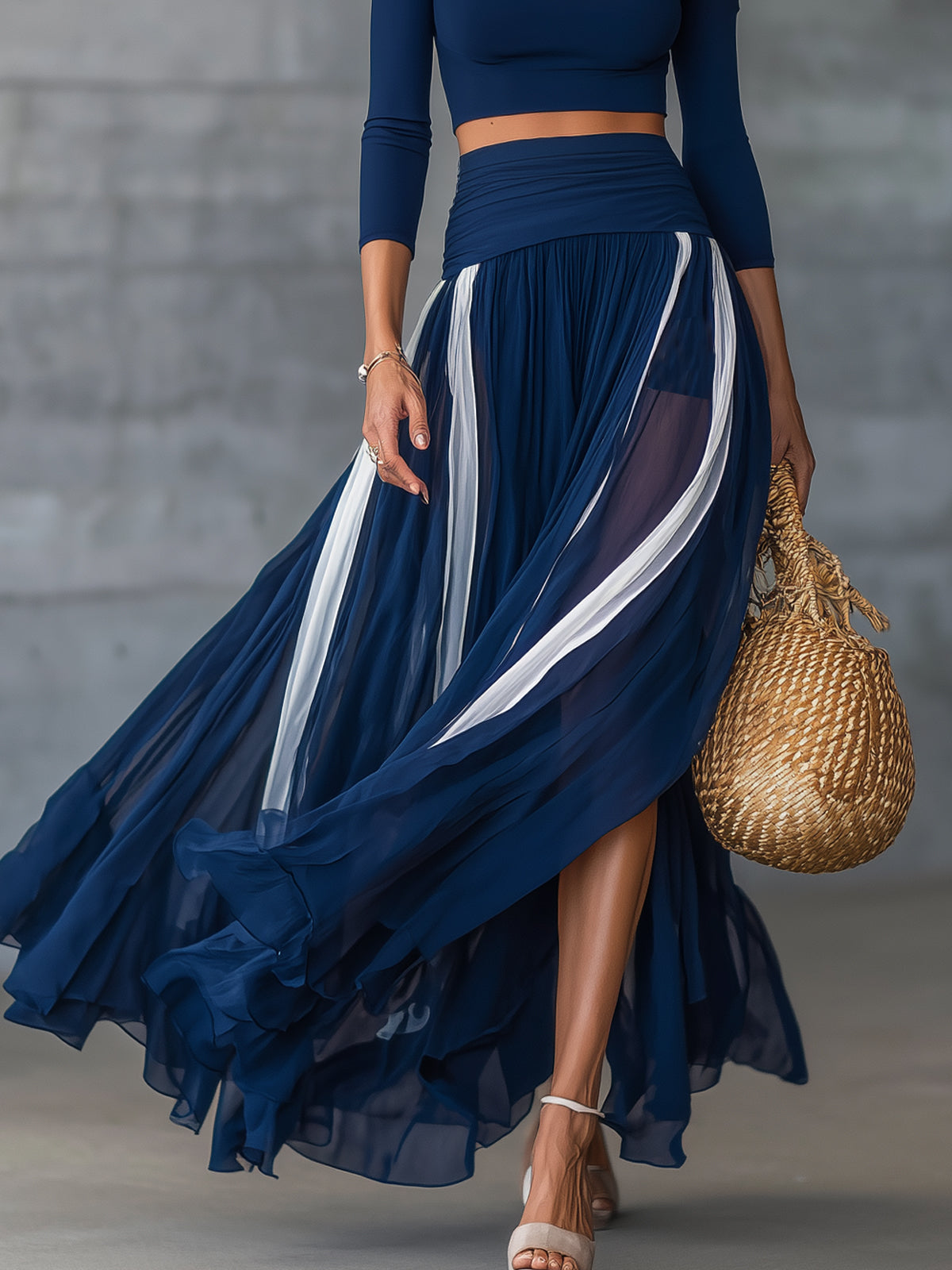 Navy One-Shoulder Crop Top And Sheer Pleated Maxi Skirt Set