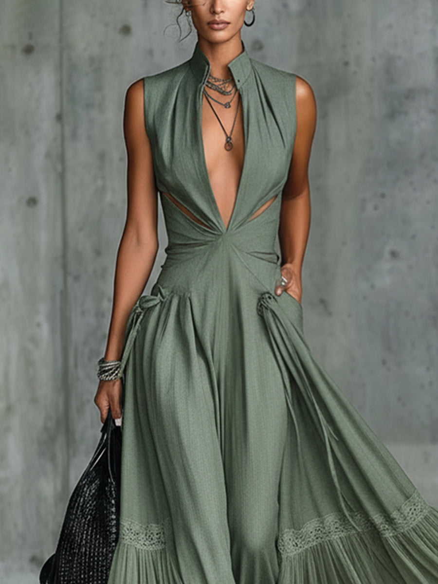 Mint Green Lace Trimmed Linen Blend Cutout Maxi Dress