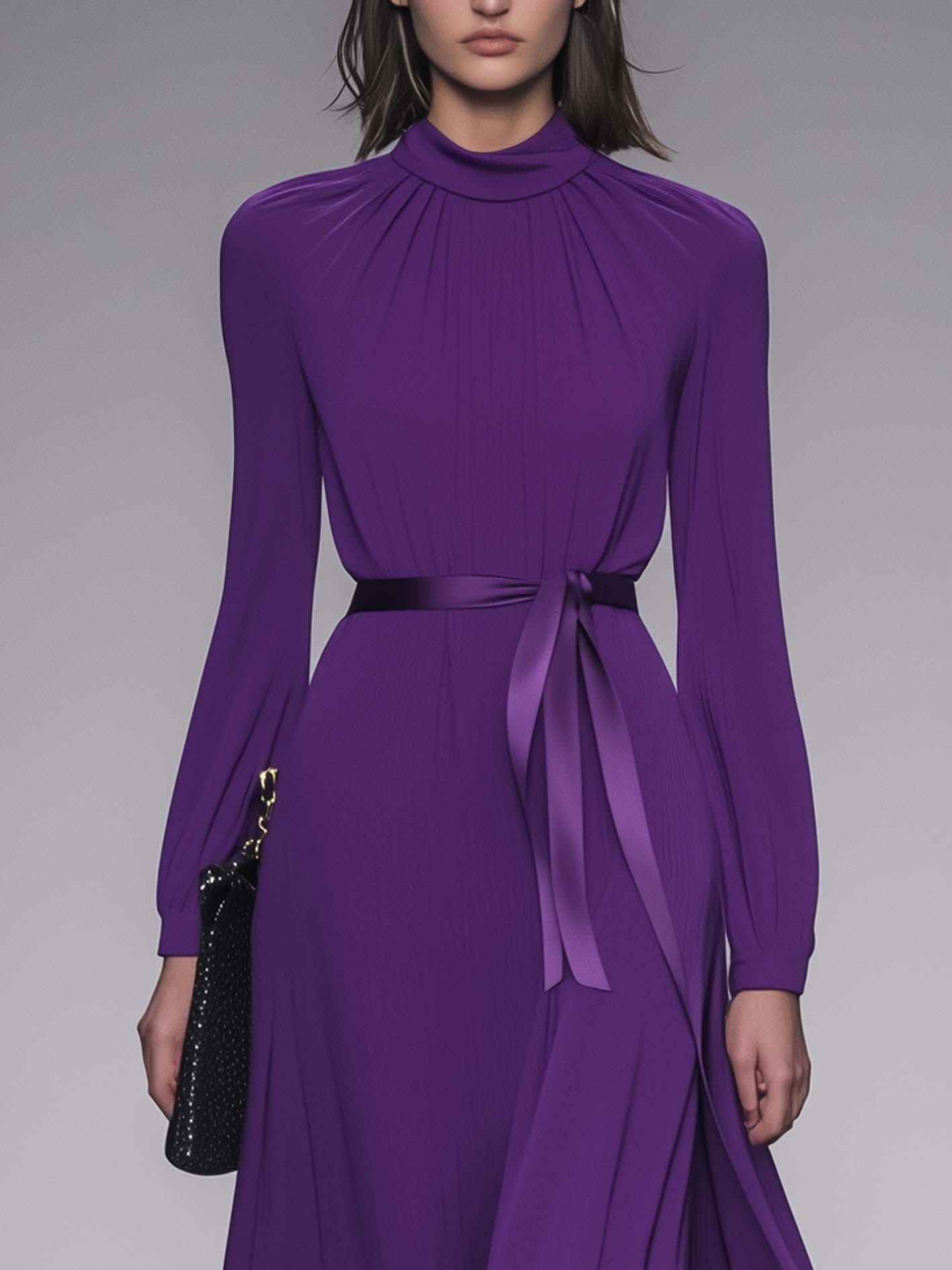 Round Neck Long Sleeve Purple Midi Dress With Belt