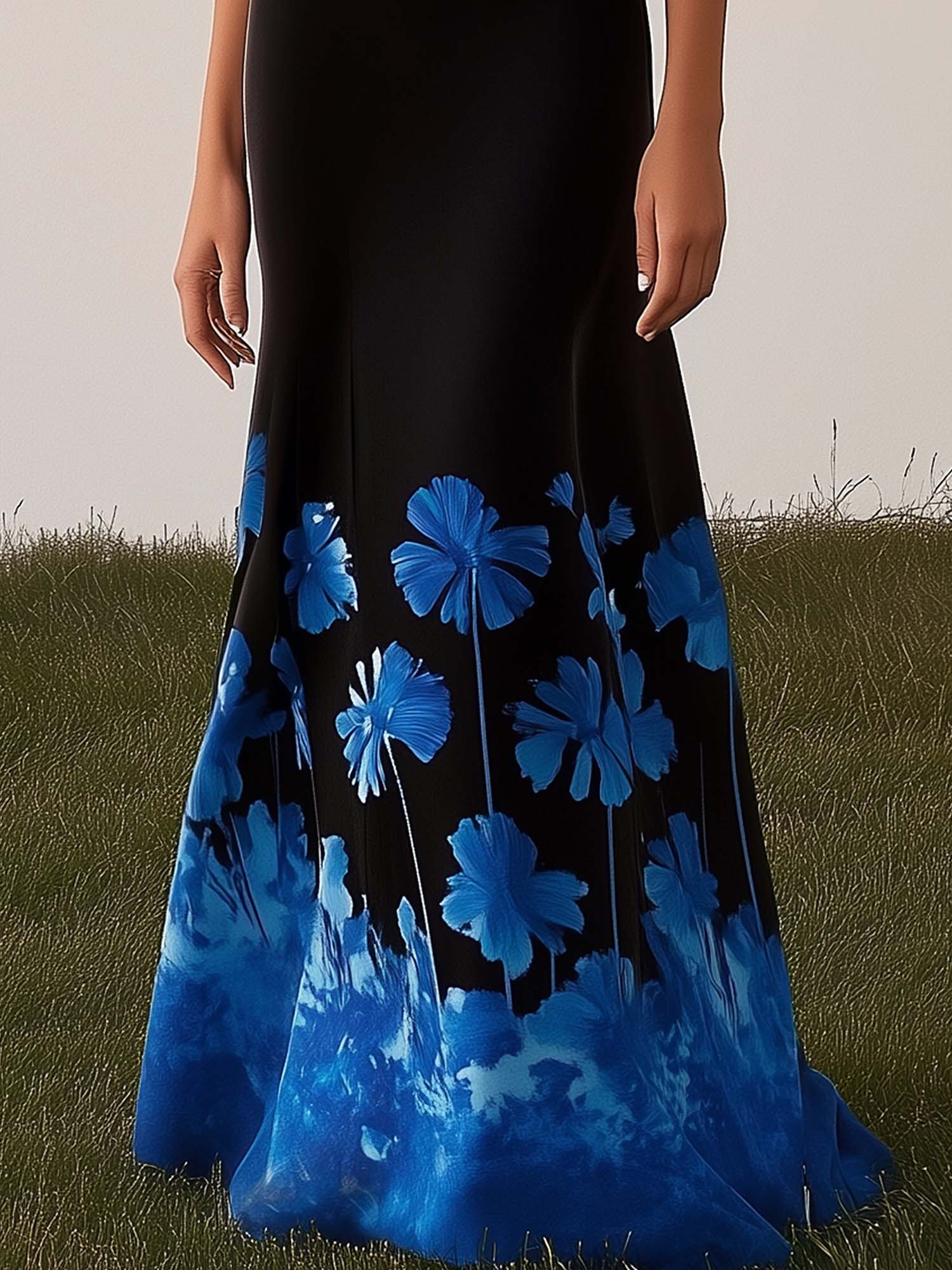 One Shoulder Black Maxi Dress With Gradient Blue Floral Print