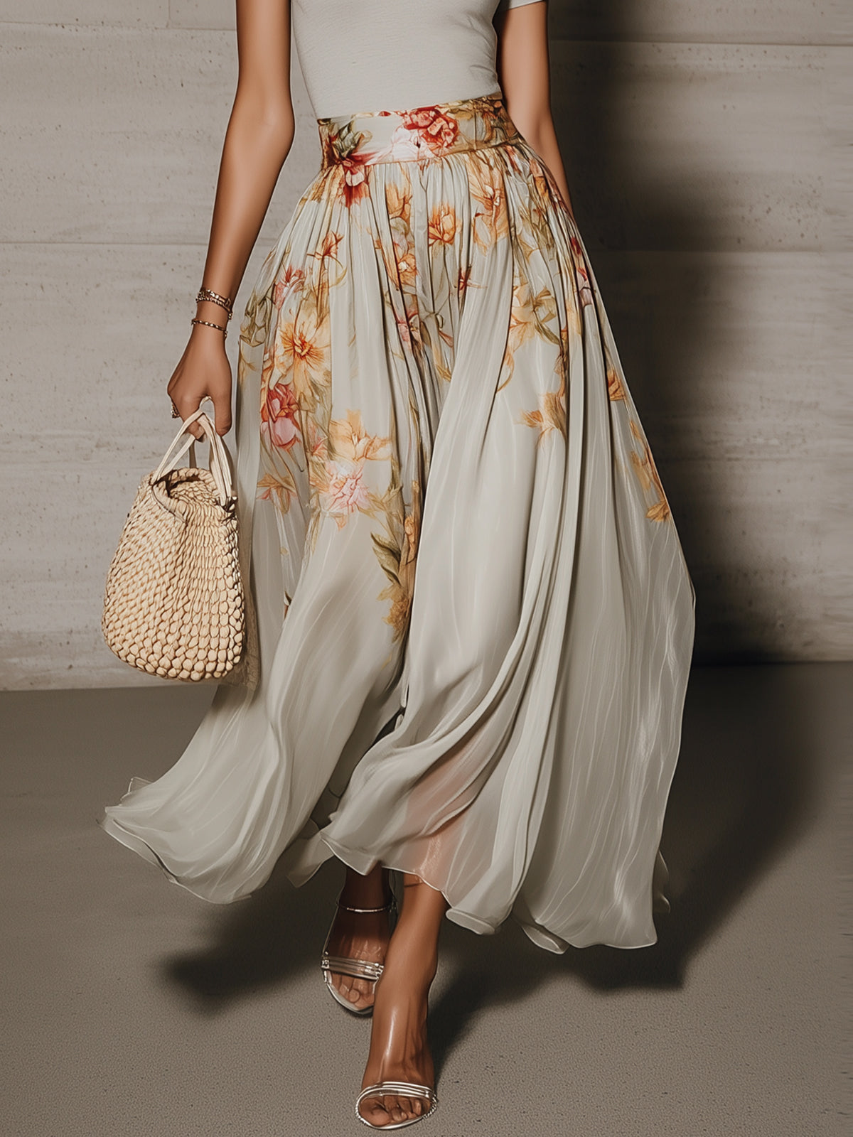 Gray Floral High-Waist Pleated Maxi Skirt & Fitted Scoop Neck Top Set