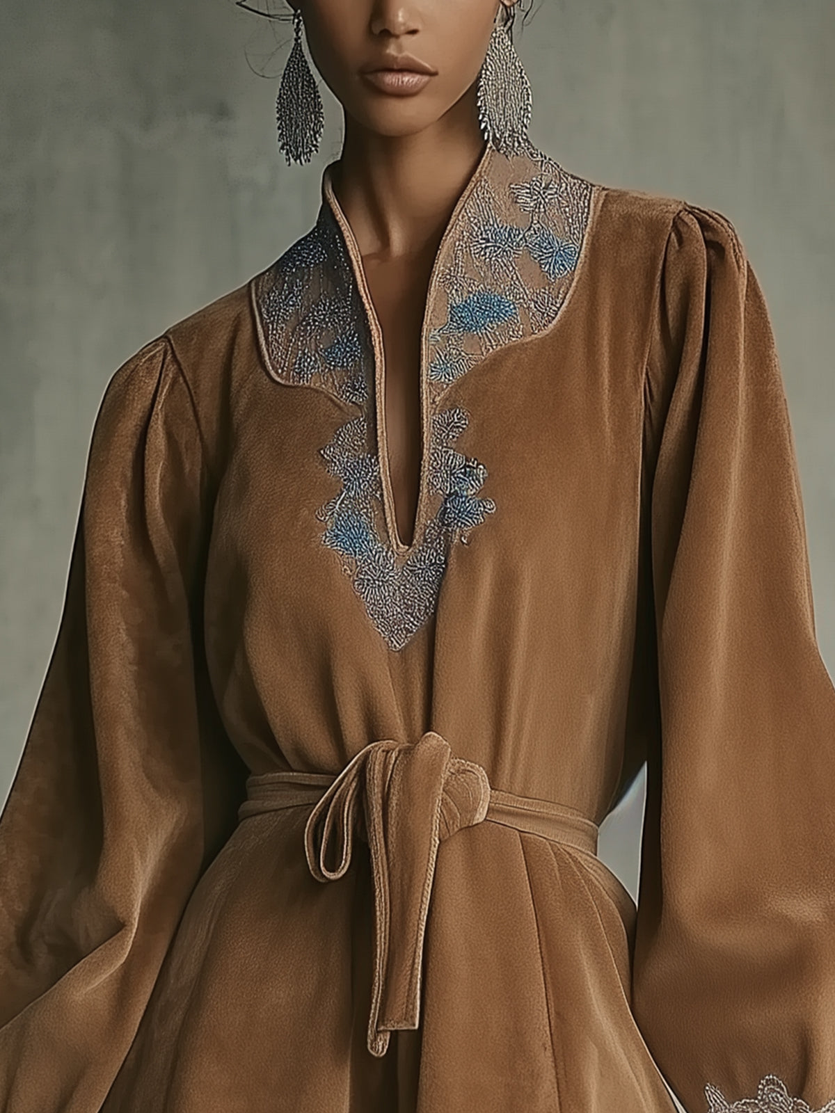 Light Brown Suede Mini Dress With Embroidered Neckline And Lace Cuffs