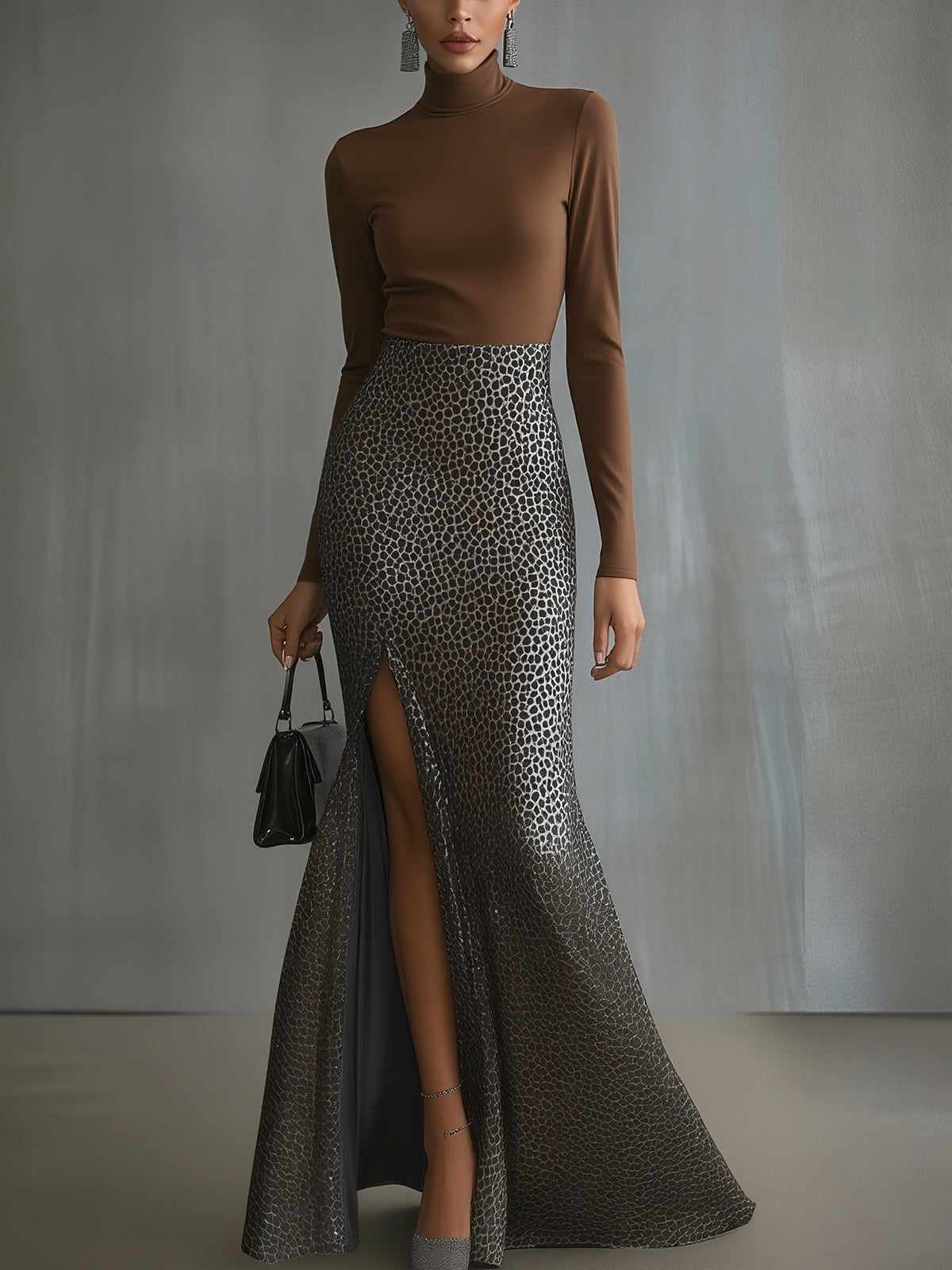 Brown Turtleneck With Sparkling Animal Print Maxi Dress