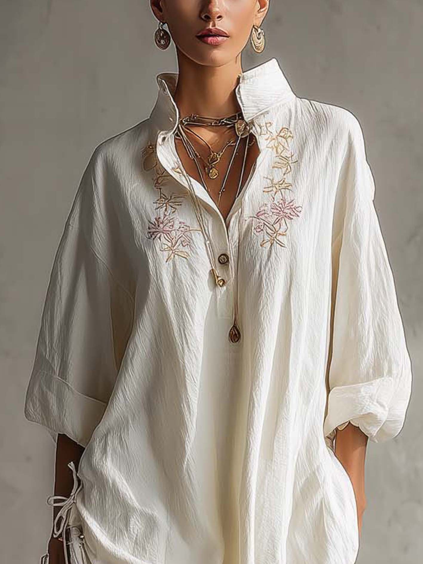 White Cotton Linen Embroidered Side Drawstring Mini Dress