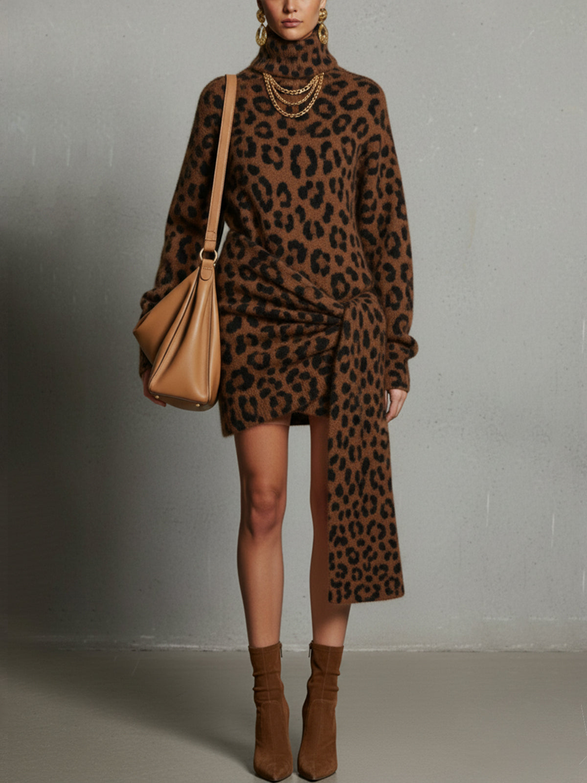 Brown Leopard Print Turtleneck Sweater Dress With Wrap Detail