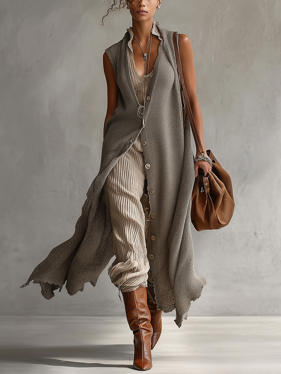 Gray Knitted Sleeveless Button Up Maxi Dress