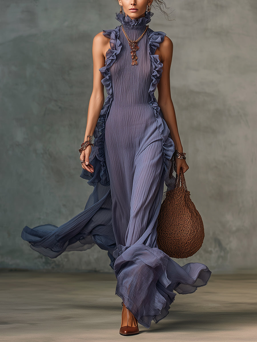 Lavender Pleated Chiffon High Neck Ruffle Maxi Dress