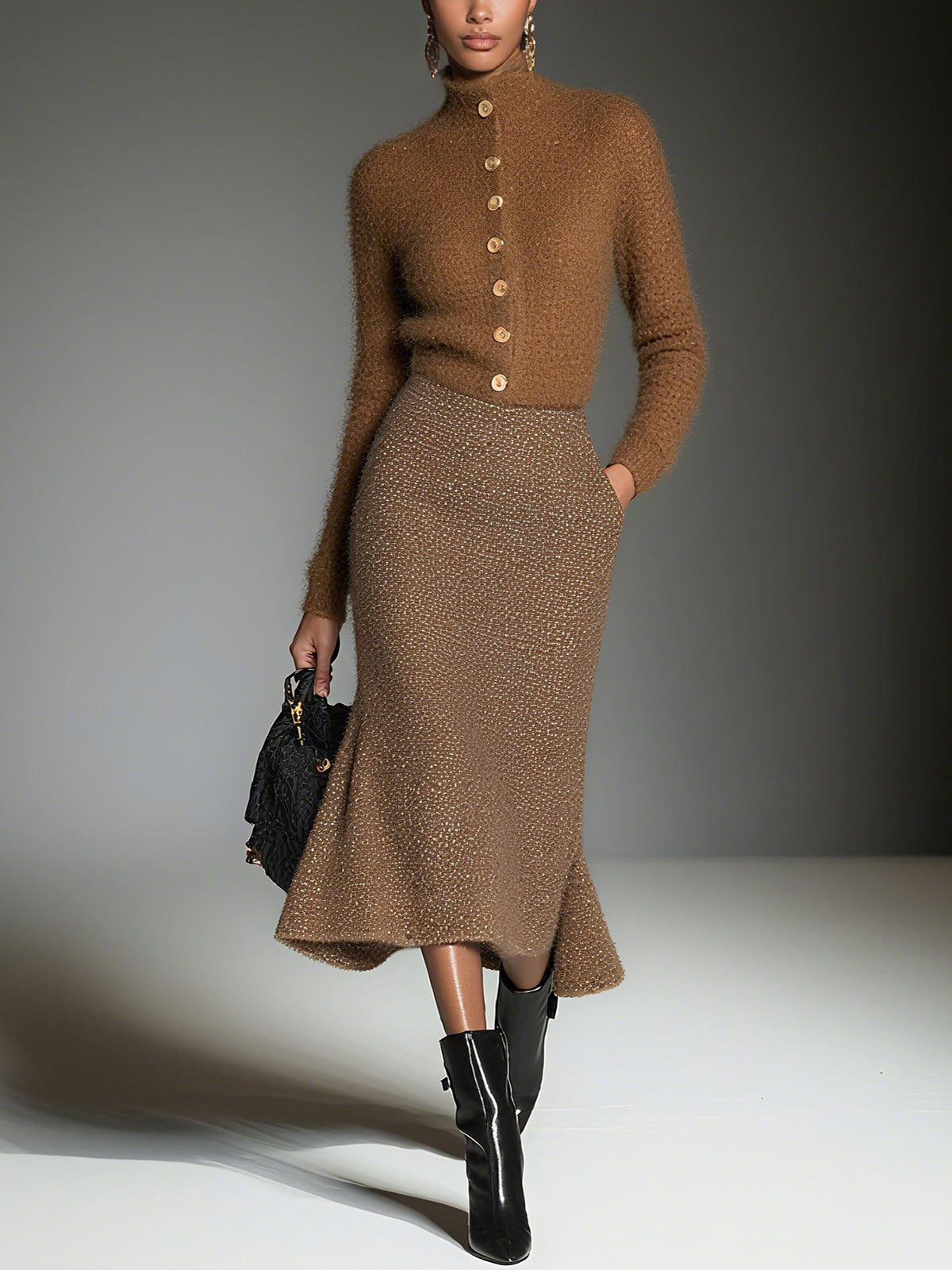 Brown Turtleneck Knit Sweater And Knit Skirt Set