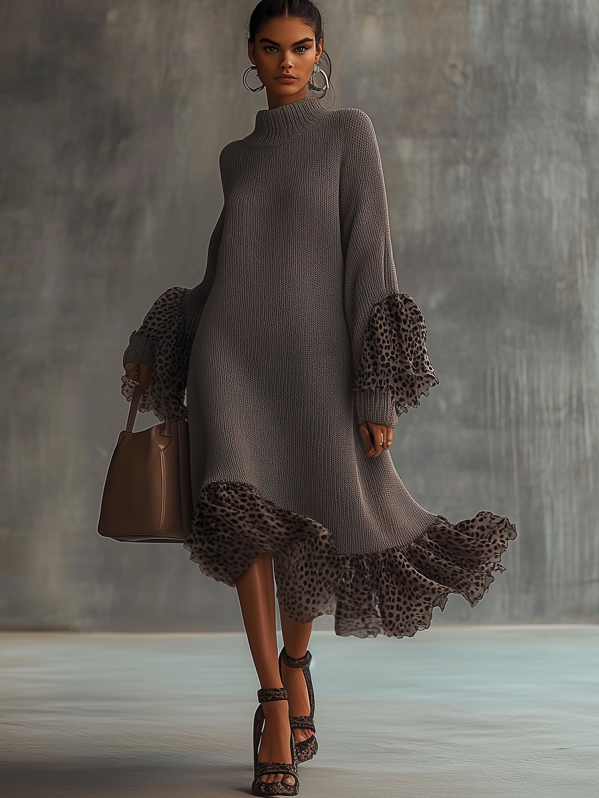 Knitted Midi Dress With Leopard Print Chiffon Ruffled Hem