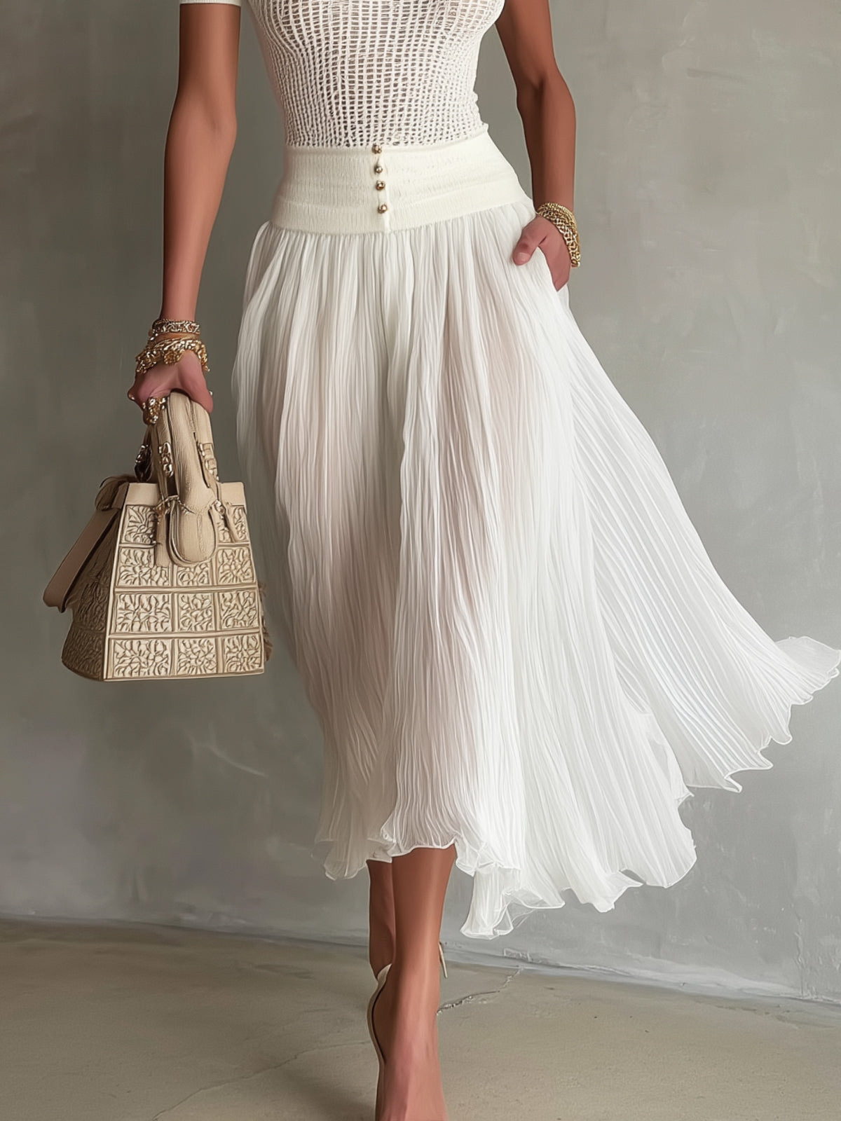White Knit Top And Pleated Chiffon Midi Skirt Two‑Piece Set