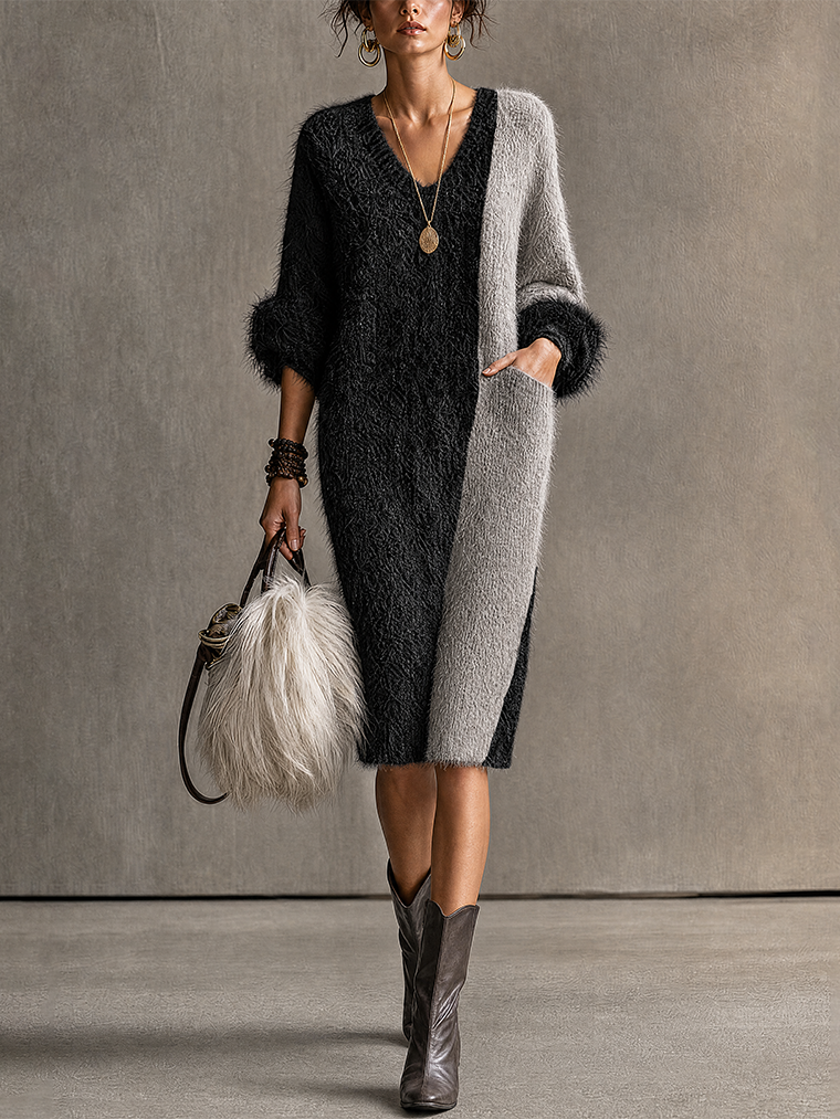 Black And Gray Fuzzy Mohair-Blend Colorblock Midi Dress