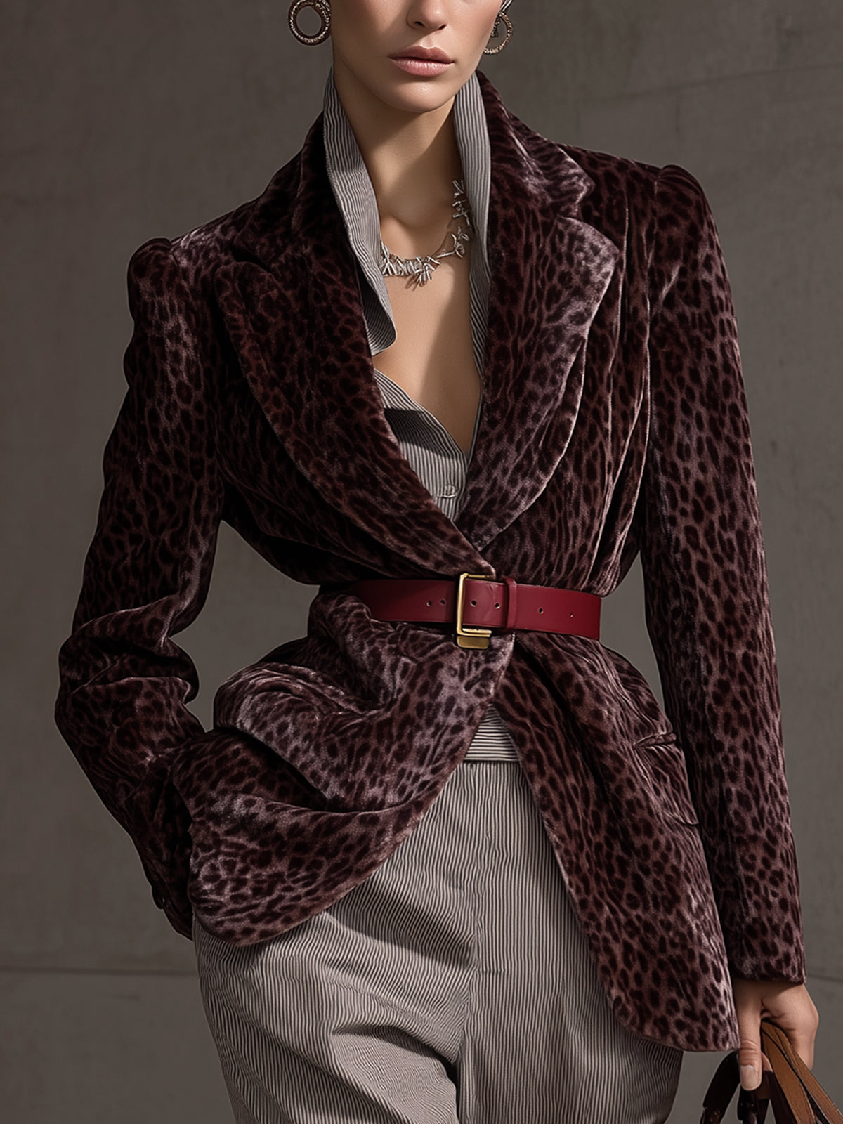 Dark Purple Leopard Velvet Blazer With Structured Lapels