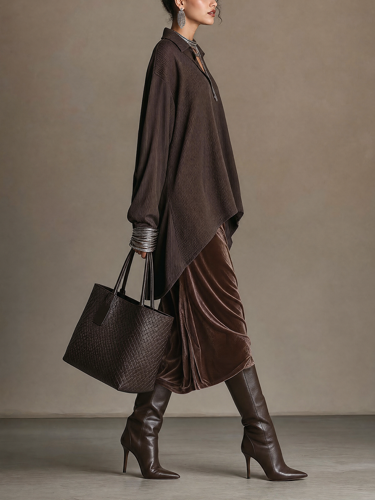 Dark Brown Textured Knit Pullover And Velvet Midi Skirt Two‑Piece Set