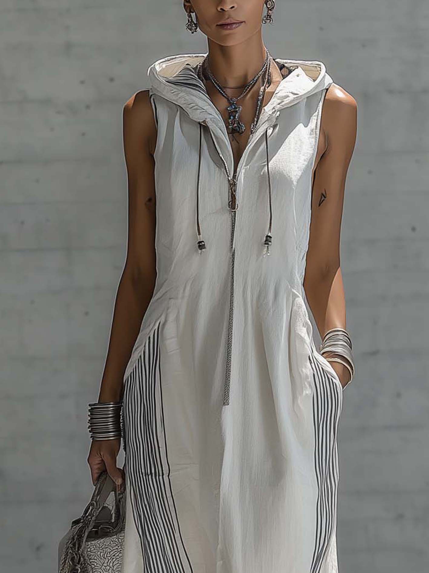White Cotton Linen Sleeveless Hooded Maxi Dress With Zipper And Stripe
