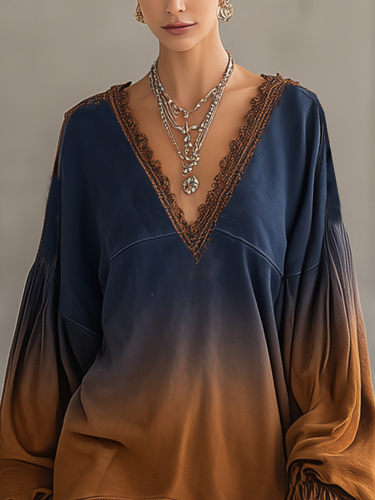 Navy And Caramel Ombre Lace Trim V-Neck Sweater Dress