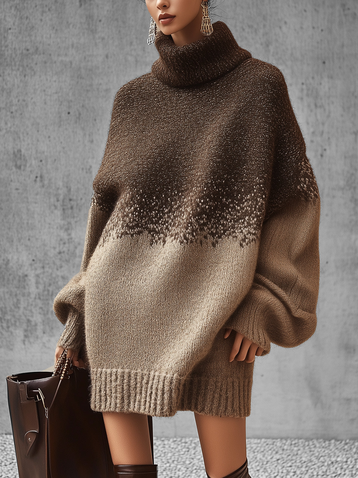 Brown Knit Turtleneck Sweater Dress