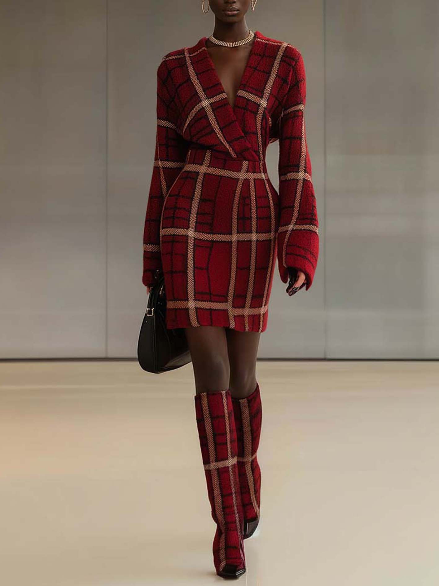 Burgundy Knit Mini Dress With Beige Check