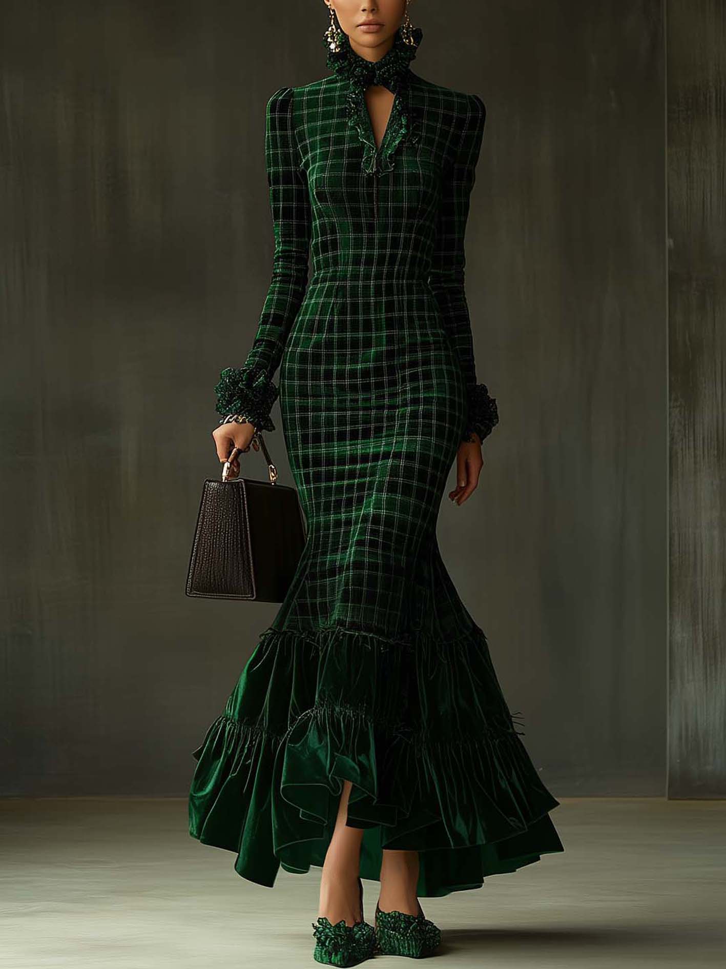 Green Velvet Maxi Dress With Plaid Patchwork Ruffles
