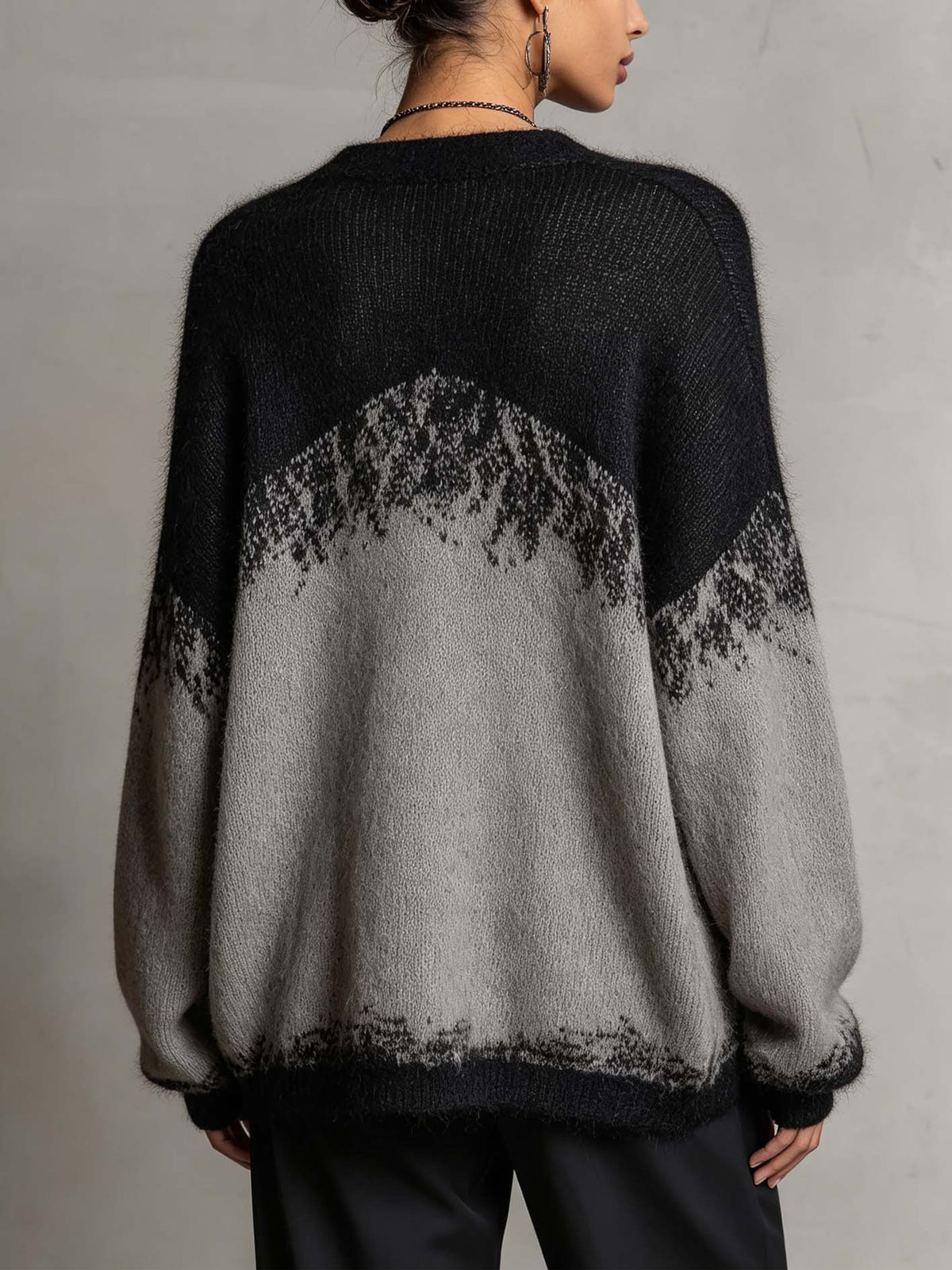 Gray And Black Color Block Knit Cardigan With Balloon Sleeves