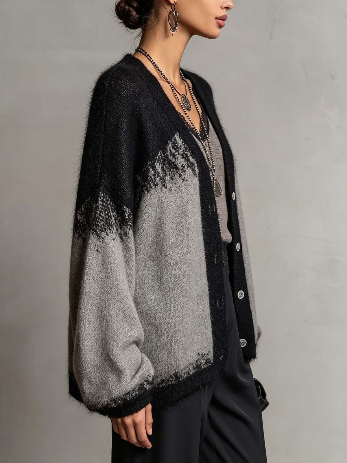 Gray And Black Color Block Knit Cardigan With Balloon Sleeves