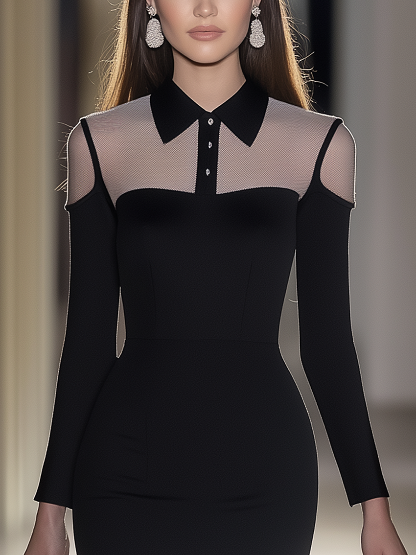 Mesh Stitching Black Midi Bodycon Shirt Dress