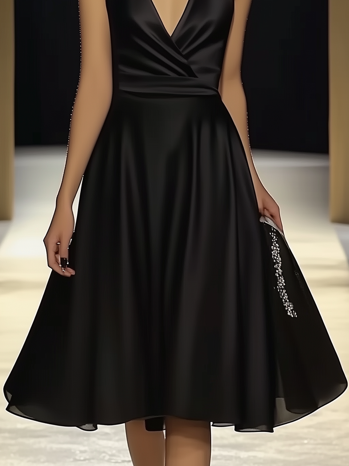 Sleeveless Fashion Classic Black Satin Midi Dress