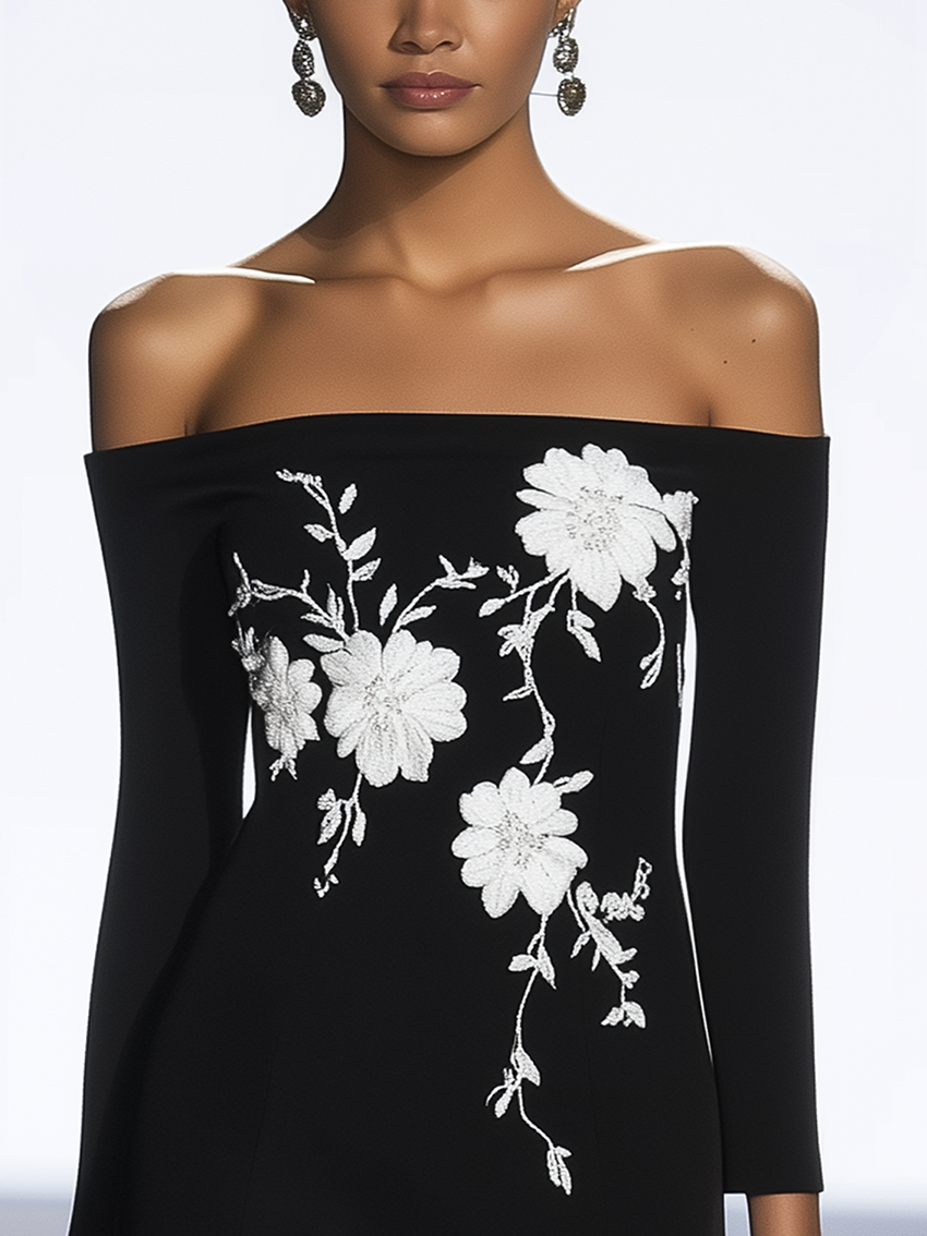 Off The Shoulder Black Midi Dress With White Flower Embroidery