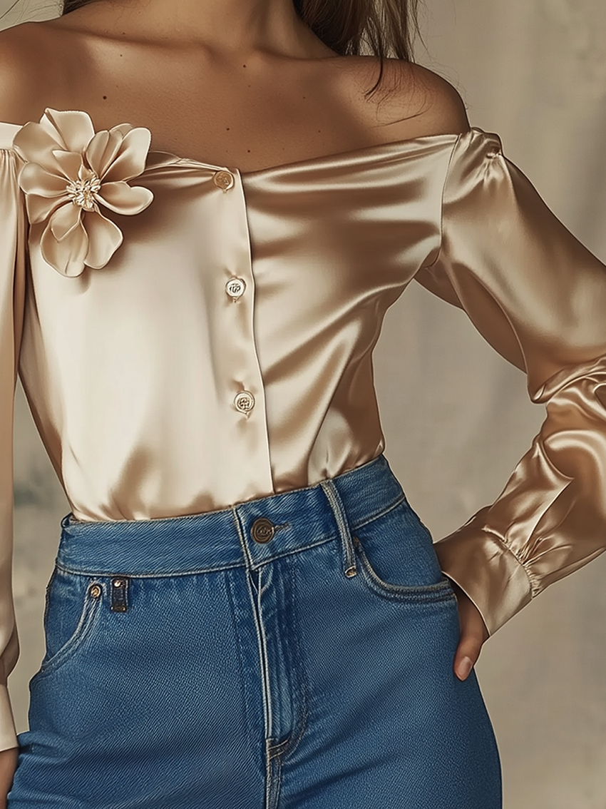 Off Shoulder Champagne Satin Blouse With 3D Flower