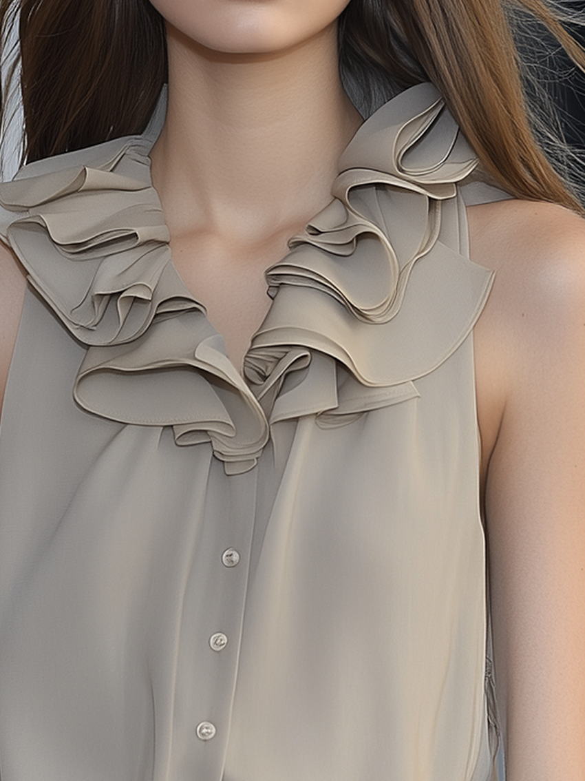 Sleeveless Gray Chiffon Blouse With Ruffled Neckline