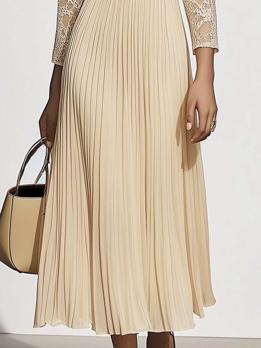 Round Neck Lace Stitching Chiffon Beige Maxi Dress