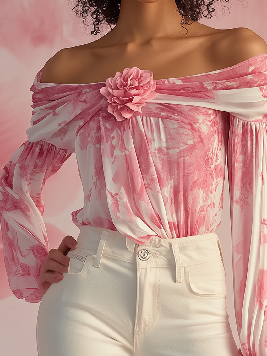 Off Shoulder White Shirt With Pink Flower Print With 3D Flowers